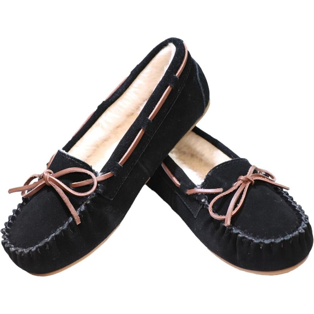 Women's Leather Faux Fur Pile Lined lace Up Cozy Black Bow Warm Slippers Shoes